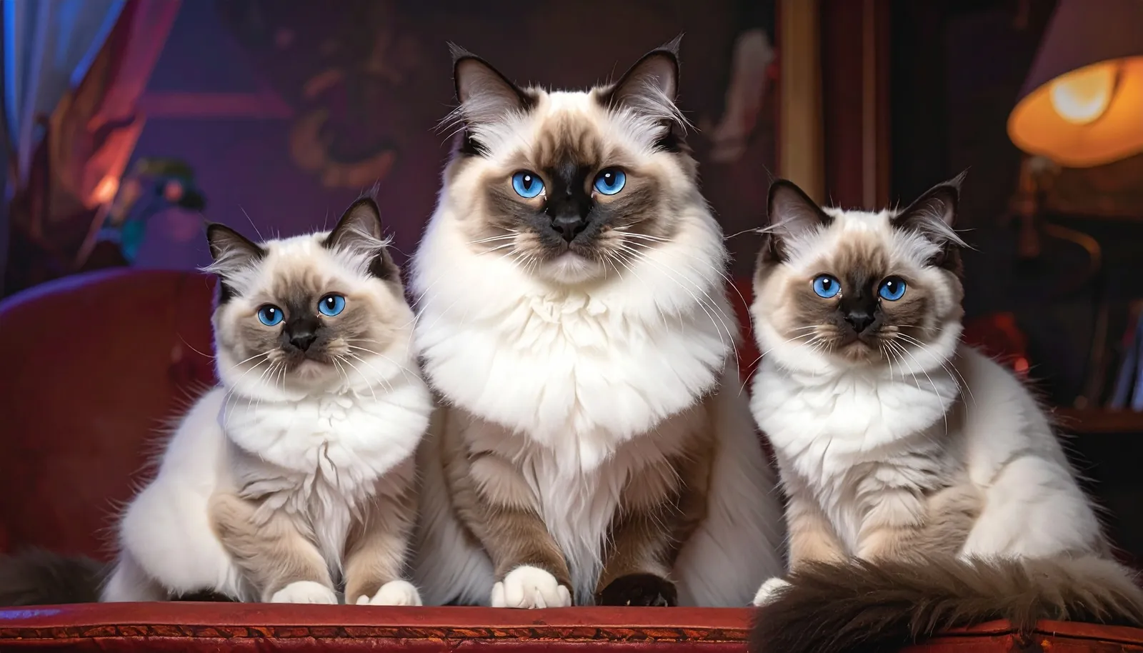Trois ragdolls aux yeux bleus de la chatterie Voile Céleste